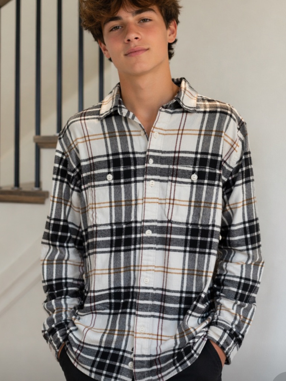 GAP Black and Cream Plaid Kids Button-Down Shirt - 100 % Cotton, Size XXL